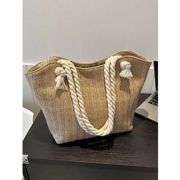 Medium Tote Straw Bag Khaki Beige Lined Rope Handles Beach Summer - Picture 7 of 8